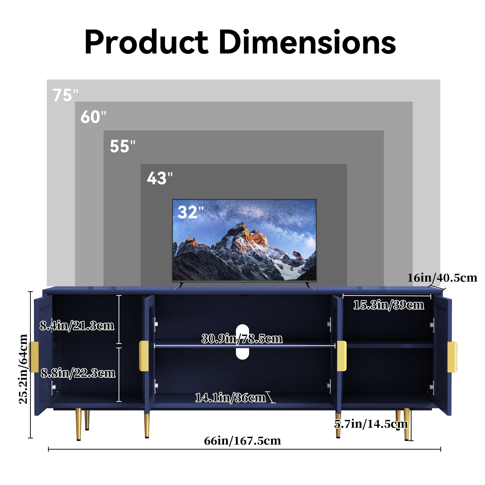Modern TV Stand With Gold Legs, 66" Media Console For 55 Inch TVs, Entertainment Center With Glass Doors And Storage, Wooden TV Cabinet For Living Room, Bedroom_maomaolike.com